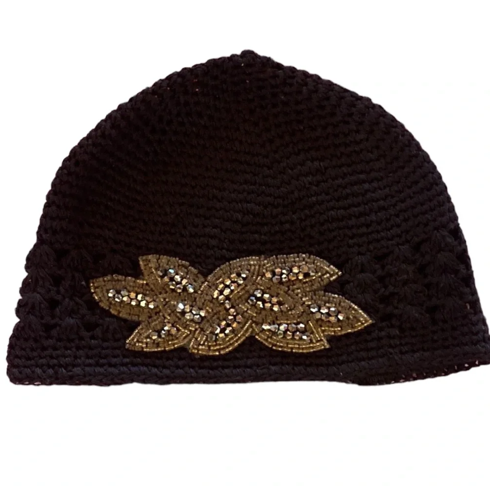 Vintage Girls Junior Black Knit Hat Beanie Embellishment Excellent Condition!